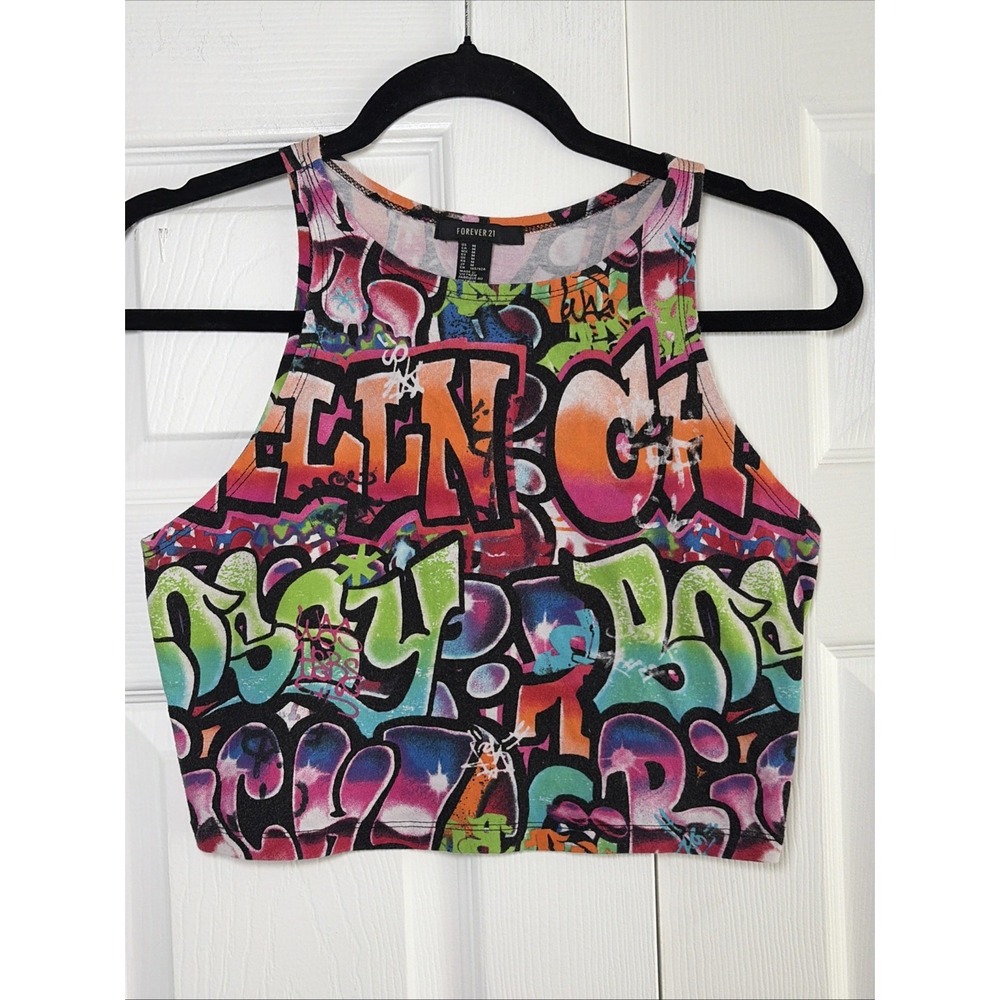 Forever 21 Graffiti Print Crop Top Womens Size M Multicolor Streetwear Y2K Tank